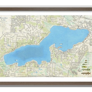 Mapa del lago Pewaukee. Hermosa obra de arte mural con detalles de la profundidad del lago y la presencia de peces. Un regalo único. Waukesha Hartland, Wisconsin.