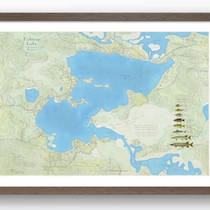 Carte du lac Fishtrap, WI. Belle oeuvre d'art murale détaillée avec la profondeur, les poissons et les monuments environnants.  Boulder Junction, comté de Vilas, Wisconsin