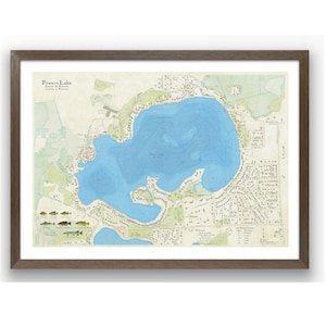Powers Lake Wisconsin Karte. Schöne Wandkunst mit detaillierter Tiefe, Fischen vorhanden, umgebenden Sehenswürdigkeiten, Straßen und Hütten. Personalisiere es!