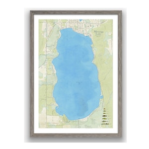 Metonga Lake Wisconsin Karte. Schöne, detaillierte Wandkunst mit See Tiefe, vorhandenen Fischen und umgebenden Wahrzeichen. Vintage-Stil. Crandon WI
