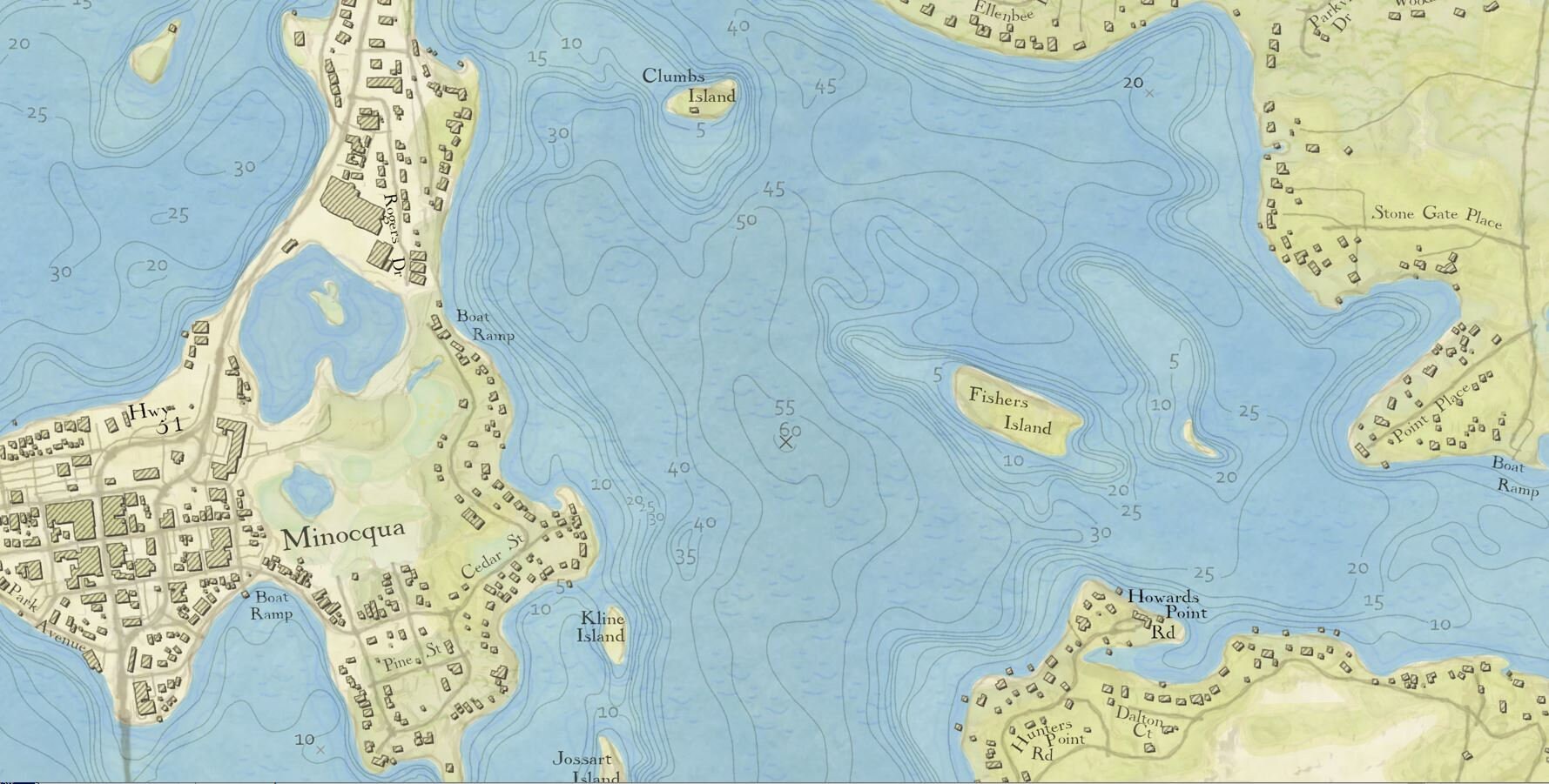 Minocqua & Kawaguesaga Lake Map. Beautiful, Detailed Wall Art Showing