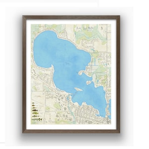 Carte du lac La Belle. Belle oeuvre d'art murale détaillée avec la profondeur du lac, des poissons et des monuments environnants. Oconomowoc, Waukesha (Wisconsin)