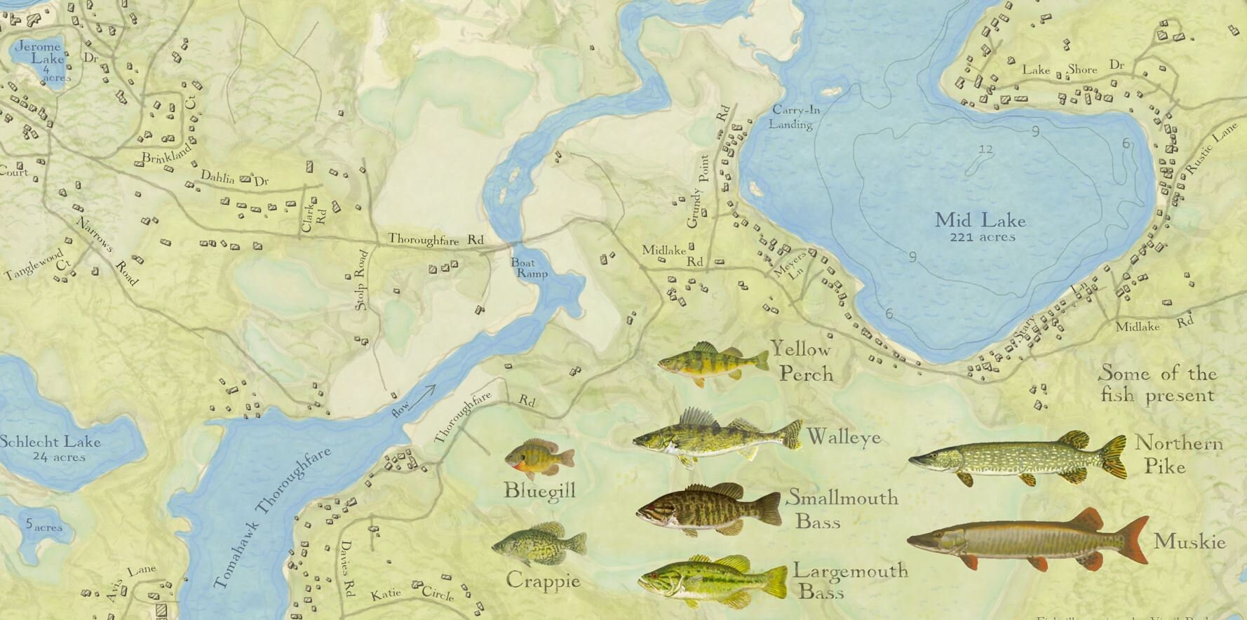 Minocqua & Kawaguesaga Lake Map. Beautiful, Detailed Wall Art Showing