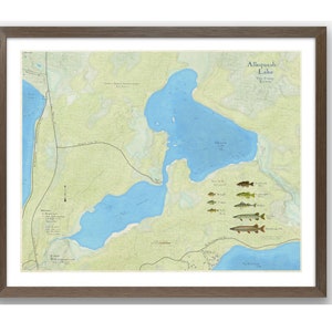 Lac Allequash | Comté de Vilas | Wisconsin | de style vintage | Profondeur du lac | Art de la carte | Carte de pêche | Chalet | Carte | Northwoods | Cadeau