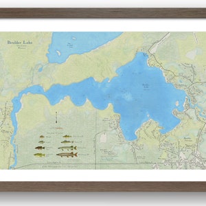 Mapa del lago Boulder, Wisconsin. Hermoso y detallado mural con profundidad, presencia de peces y lugares de interés de los alrededores. Boulder Junction, condado de Vilas, Wisconsin