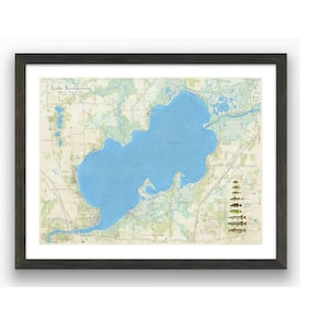 Lago Koshkonong cerca de Edgerton, Fort Atkinson, Newville, Wisconsin. Hermoso mapa mural. Profundidad detallada, presencia de peces, carreteras y puntos de referencia.