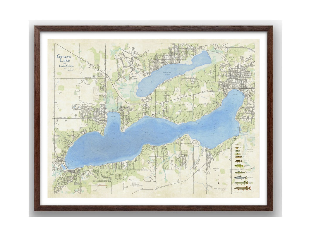 Geneva Lake Lake Como Walworth County Wisconsin Vintage Style Map Lake