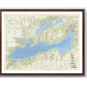 Mapa del lago Ginebra y del lago Como. Hermoso y detallado mural que muestra la profundidad, la presencia de peces y los puntos de referencia de los alrededores. Condado de Walworth, Wisconsin