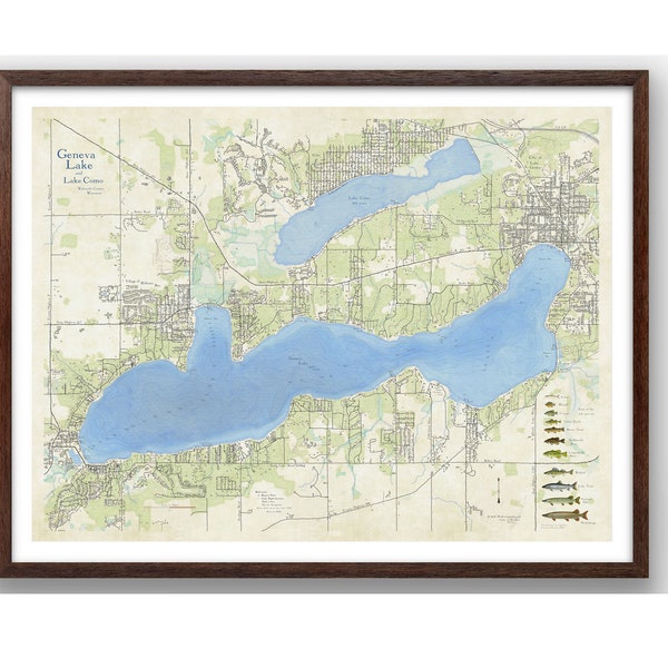 Geneva Lake | Lake Como | Walworth County | Wisconsin | Vintage Style Map | Lake Depth | Map Art | Fishing Map | Cottage | Custom Map | Gift