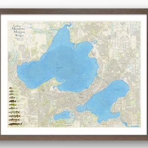 Mapa del lago Mendota, Monona, Wingra. Hermoso mural con detalles de la profundidad del lago, la presencia de peces y los lugares de interés de los alrededores. Madison, Wisconsin.