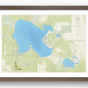 Lac Gilas | Comté de Marinette | Castor | Wisconsin | de style vintage | Profondeur du lac | Art de la carte | Carte de pêche | Chalet | Carte personnalisée | Cadeau