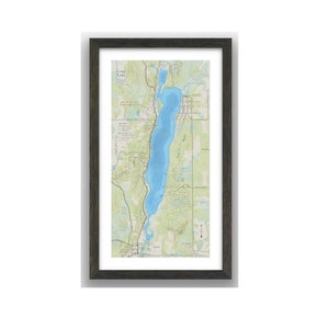 Long Lake, Dundee Wisconsin. Splendida arte murale. Mappa con profondità dettagliate del lago, pesci presenti, nomi delle strade, punti di riferimento circostanti.