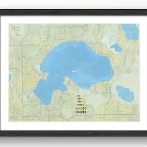 Trovato Lake Vilas County Wisconsin. Bellissima arte murale. Mappa con profondità dettagliate del lago, pesci presenti, nomi delle strade e punti di riferimento. St Germain WI