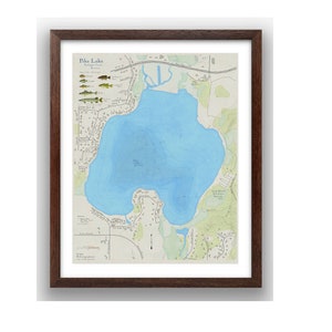 Pike Lake Wisconsin. Splendida arte murale. Mappa con profondità dettagliate del lago, pesci presenti, nomi delle strade e punti di riferimento. Vicino a Slinger e Hartford WI