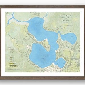 Lac Crooked | Lac Gilkey | Lac Bass | Comté d'Oconto | Wisconsin | de style vintage | Profondeur du lac | Art de la carte | Carte des poissons | Chalet | Personnalisé