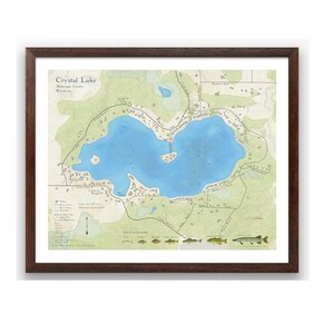 Kristallen meer | Plymouth | Sheboygan County | Wisconsin | Kaartafdruk in vintagestijl | Diepte meer | Kaartkunst | Viskaart | Huisje | Aangepaste kaart