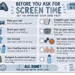 Może przedstawiać: Prostokątna lista kontrolna zatytułowana BEFORE YOU ASK FOR SCREEN TIME dla dzieci w wieku 8-10 lat. Posiada niebiesko-białą kolorystykę z ikonami codziennych zadań, takich jak ścielenie łóżka, mycie zębów, ubieranie się i sprzątanie.