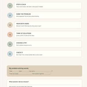 Op de afbeelding: Een beige educatief werkblad getiteld Problem-Solving Steps voor 8-10 jarigen. Het bevat zes genummerde stappen: Stop & Calm, Name the Problem, Hear Both Sides, Think of Solutions, Choose & Try en Check It, plus secties voor probleemoplossende woorden.