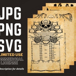 May include: A printable character sheet for a role-playing game. The sheet features a skull with bones and hearts, and includes sections for character stats, personality traits, and saving throws. The sheet is designed to look like an old parchment document.