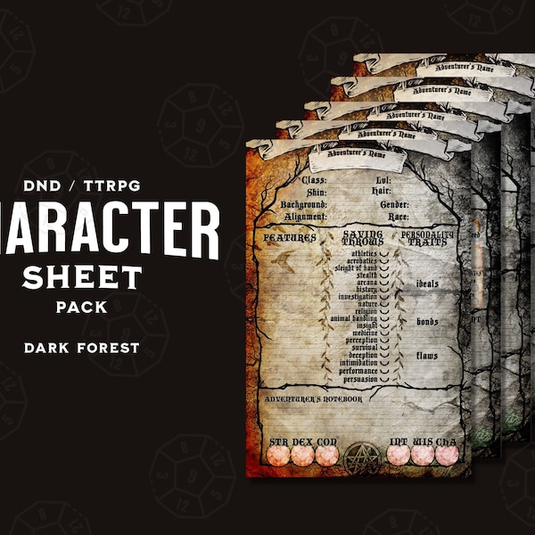 DnD Character Sheet Pack | Dark Forest Themed DnD5e Insert, Adventurer's Notes, Dungeon Master Document, TTRPG Sheets, DnD Printable