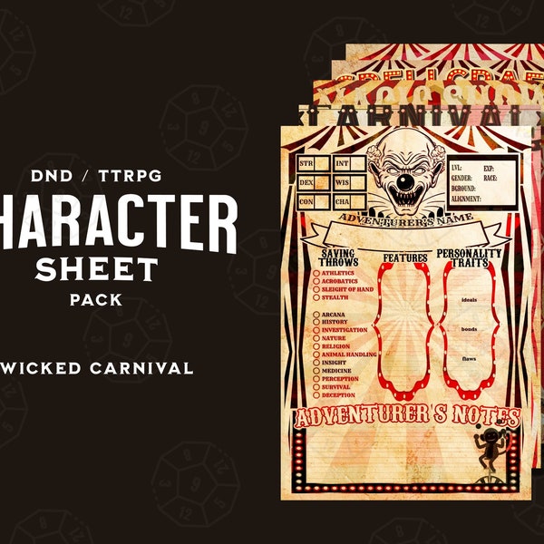 DnD Character Sheet Pack | Wicked Carnival Themed DnD5e Insert, Adventurer's Notes, DM Insert, TTRPG Sheets, DnD Printable, Haunted Circus