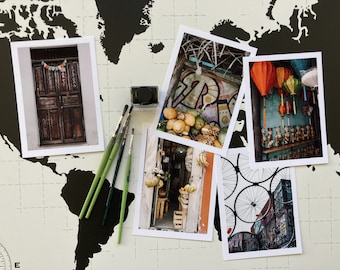 Lot de 5 cartes postales colorées avec des photographies du monde entier. Photographies de rue du Guatemala, du Sri Lanka, du Vietnam et d'Allemagne