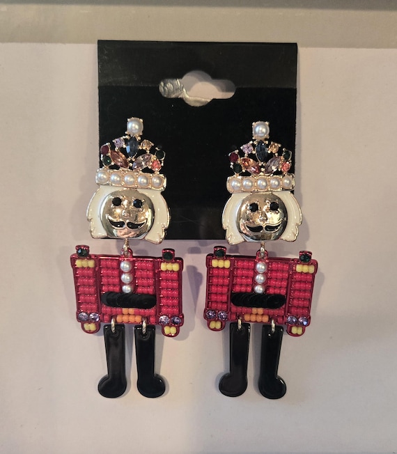 Festive Beaded Nutcracker Statement Earrings - Ho… - image 1