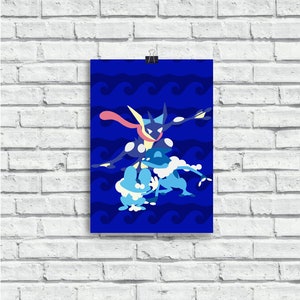 May include: A blue, yellow, and white cartoon illustration of a Pokemon character with a red scarf, standing on a blue background with a wave pattern.