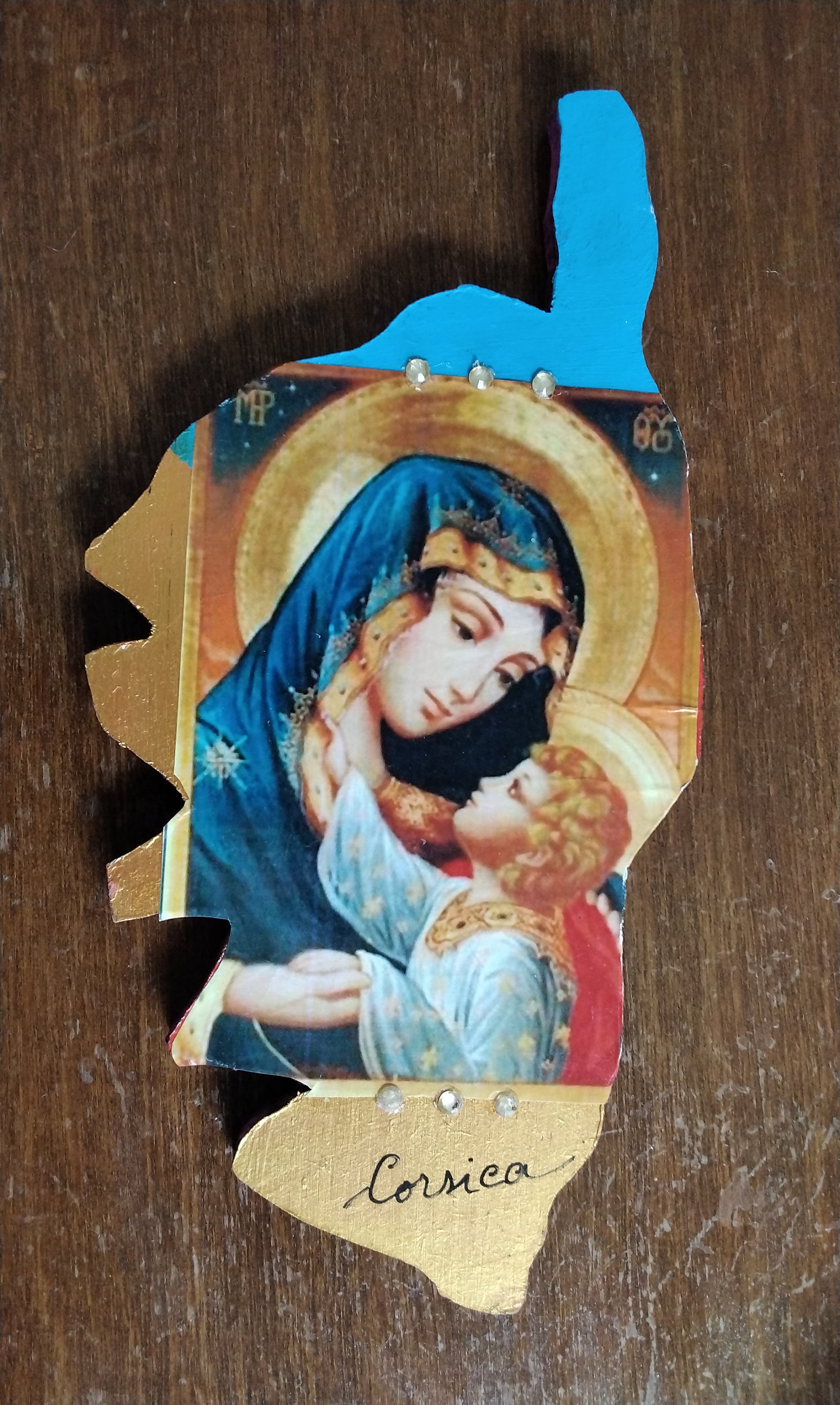 Décoration Murale en Bois Vierge à L'enfant Illustration Collée et Vernie sur de Forme Corsica Décor