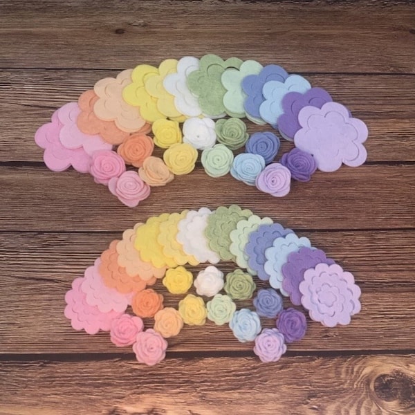 52Pcs PASTEL RAINBOW // Wool Blend Felt 3D Rose Flowers // DIY Felt Flower Collection //Die Cut // Felt Rose (Small and Medium Collection)