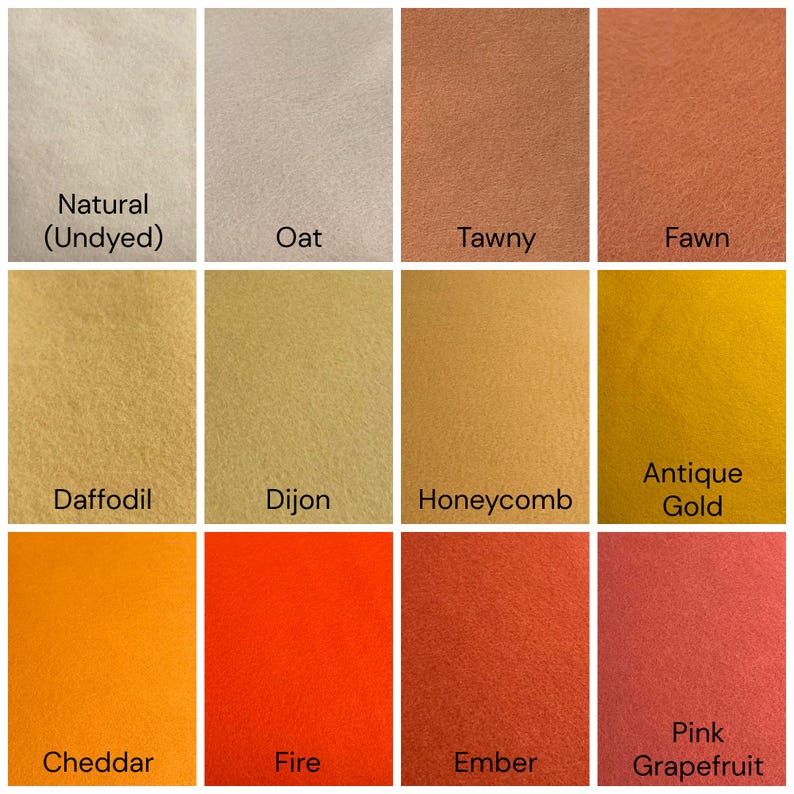 May include: A grid of twelve fabric swatches in various colors labeled Natural (Undyed), Oat, Tawny, Fawn, Daffodil, Dijon, Honeycomb, Antique Gold, Cheddar, Fire, Ember, and Pink Grapefruit. Each square displays a distinct solid color shade.