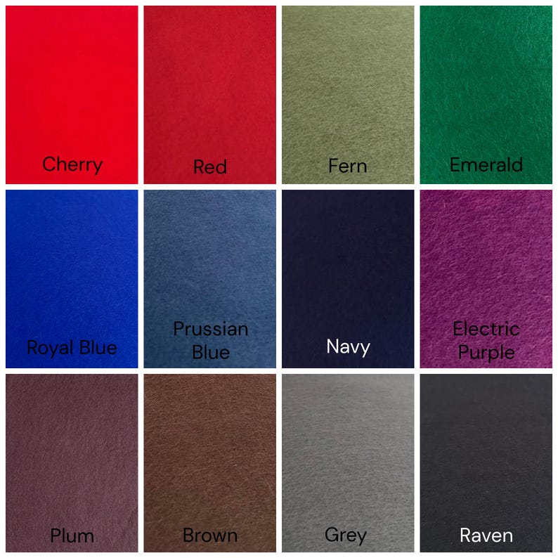 May include: A grid of twelve felt fabric swatches in various colors labeled Cherry, Red, Fern, Emerald, Royal Blue, Prussian Blue, Navy, Electric Purple, Plum, Brown, Grey, and Raven. Each square displays a distinct solid color and texture.
