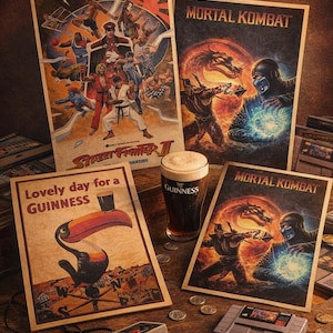 Könnte beinhalten: Werbebild mit klassischen Videospielpostern, darunter "Street Fighter II" und "Mortal Kombat", einem Pint Guinness und Retro-Gamecontrollern. Die Poster haben eine Vintage-Ästhetik, und die Szene weckt Nostalgie für klassisches Gaming.