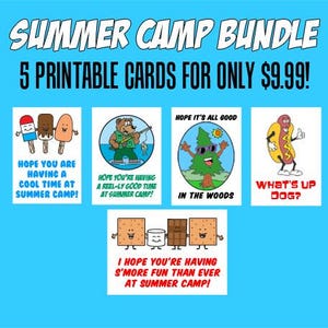 Pacote com cinco cartões de acampamento de verão para impressão, download instantâneo