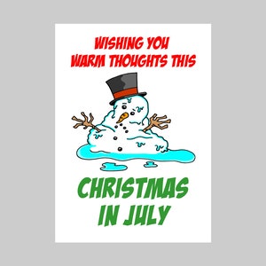 Biglietto d'auguri stampabile con pupazzo di neve che si scioglie a Natale a luglio, download immediato
