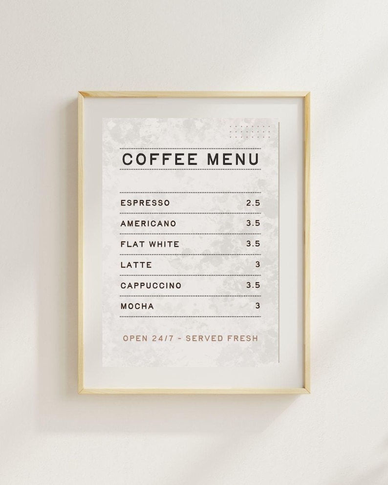 Light Themed A5 Minimalist Coffee Menu Print – Café Bar Wall Art ...