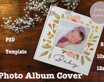 Portada de álbum de fotos de bebé con flores de acuarela, plantilla PSD editable (archivo digital)