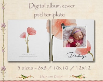Plantilla PSD editable para portada de álbum de fotos de bebé con amapolas en acuarela (descarga instantánea)