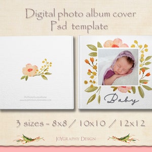 Watercolor Flowers Photo Album Cover. Photo Book Cover Photographer Template, Newborn Baby PhotoBook Cover Template, Photoshop Digital File