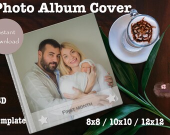 Plantilla sencilla de portada para álbum de fotos familiar de bebé gris, editable en formato PSD (descarga instantánea)