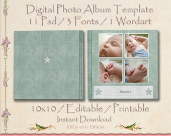 10x10 digitales Album Vorlage für Fotografen / 10 Doppelseiten Buch / Sofort Download / Kinderfotografie / Baby Album / Familien Fotografie