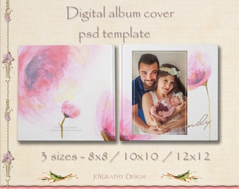 Plantilla PSD editable para portada de álbum de fotos familiar de bebés con amapolas en acuarela (descarga instantánea)