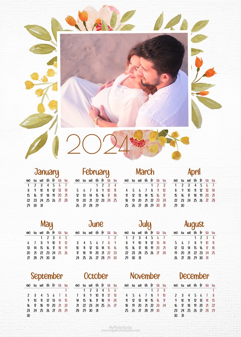 Aquarell Jahreskalender 2024 Vorlage Personalisiert Druckbar Bearbeitbar Buchstabe Größe Sofort Download Bilderrahmen PNG PSD Bild 5