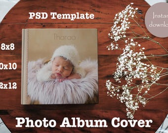Plantilla de portada para álbum de fotos de recién nacidos, plantilla de fotolibro editable en formato PSD (descarga instantánea)