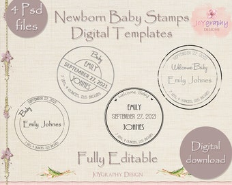 Neugeborenen Baby Briefmarken, digitale Vorlagen, Baby Clipart, Baby Buch Aufkleber, Baby Fotoalbum Clipart, 4 PSD-Dateien, vollständig bearbeitbar,