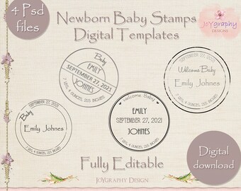 Sellos de bebé recién nacido, clipart de nacimiento personalizado (4 archivos PSD)