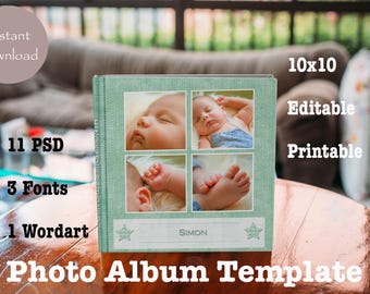 Plantilla de álbum de fotos de bebé de 10 x 10, PSD editable (descarga digital)