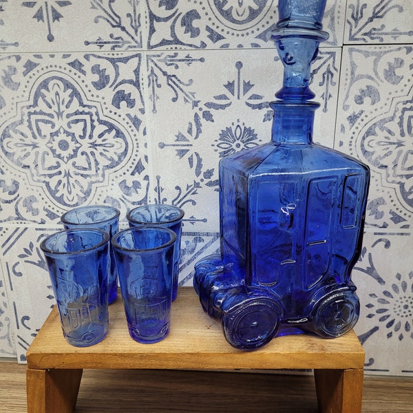 Empoli Italian Blue Glass Comical Car Decorative Decanter Bottle and Glasses, Barware Gift, Novelty Drink Gift