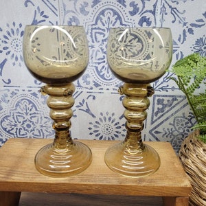 Antique Pair of Amber German Dutch Roemer Wine Glasses Hand Blown