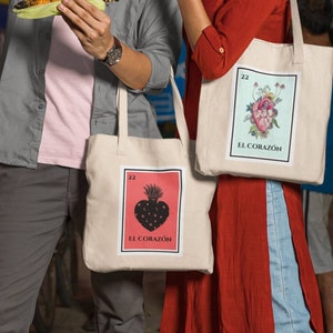 Corazon Canvas Tote Loteria Print Corazón Anatómico Tarjeta de Loteria Mexicana Impresión Botánica Bolsa de Compras Reutilizable O Regalo de Enfermera Heart Tote Bag